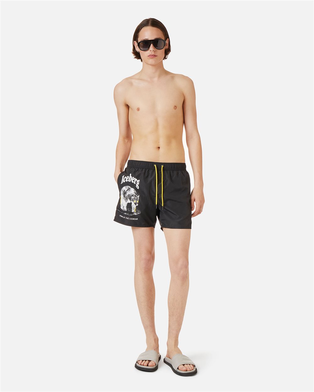 Black swim trunks with tone-on-tone rubber prints and contrasting drawstring - Iceberg - Official Website