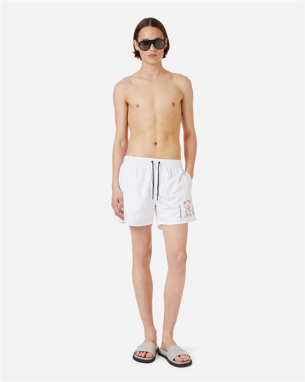 Badehose in optischem Weiß mit Prints und Tunnelzug - Iceberg - Official Website