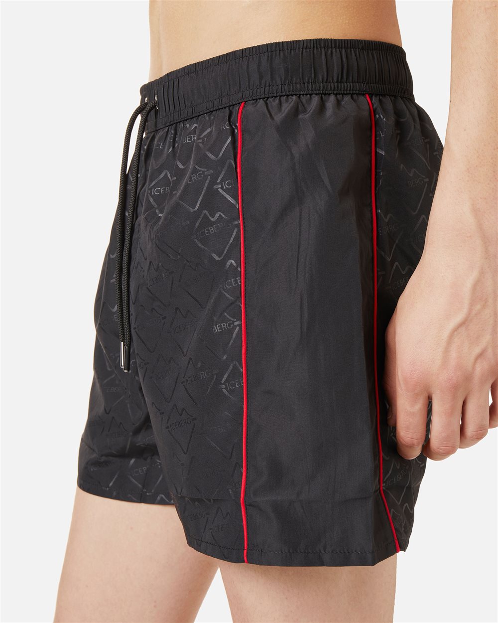 Black swim trunks with tone-on-tone side bands and drawstring - Iceberg - Official Website