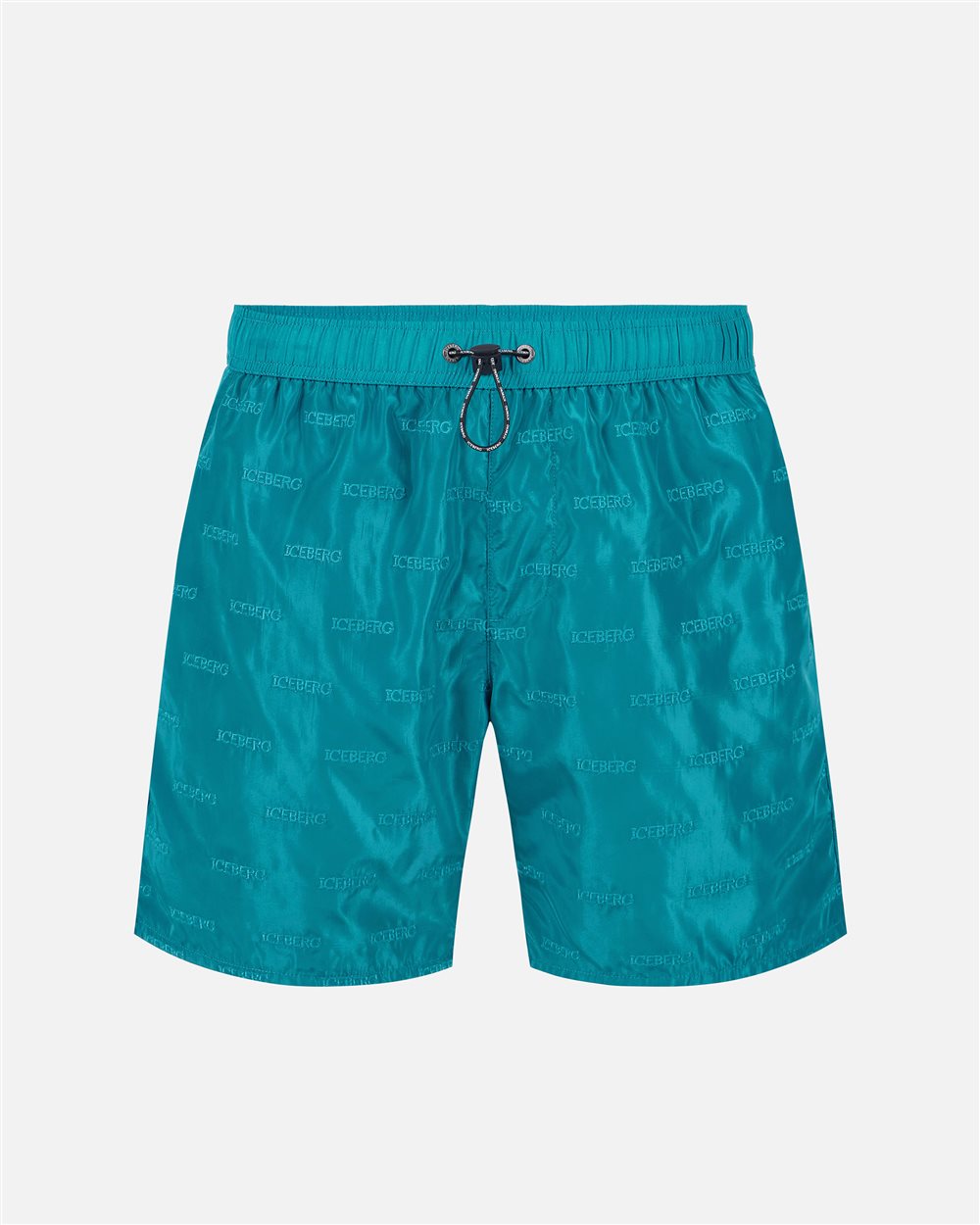 Teal-colored swim trunks with elastic and black drawstring and allover tone-on-tone Iceberg logo - Iceberg - Official Website
