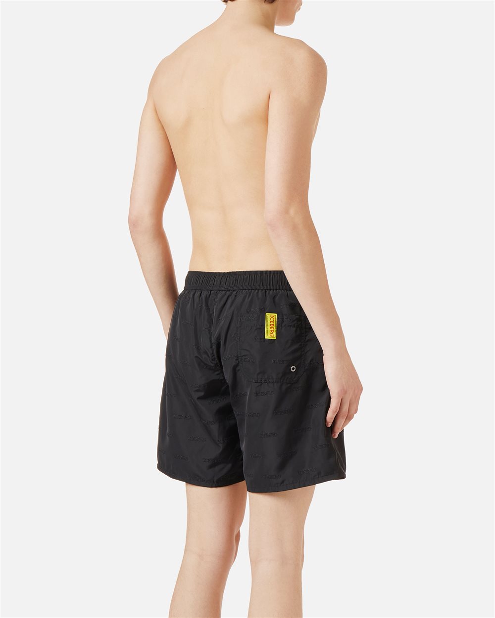 Black swim trunks with elastic and black drawstring and allover tone-on-tone Iceberg logo - Iceberg - Official Website