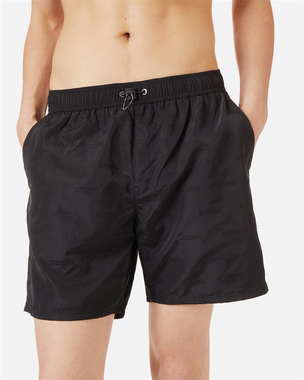 Black swim trunks with elastic and black drawstring and allover tone-on-tone Iceberg logo - Iceberg - Official Website