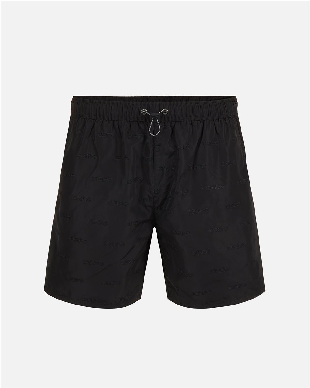 Black swim trunks with elastic and black drawstring and allover tone-on-tone Iceberg logo - Iceberg - Official Website