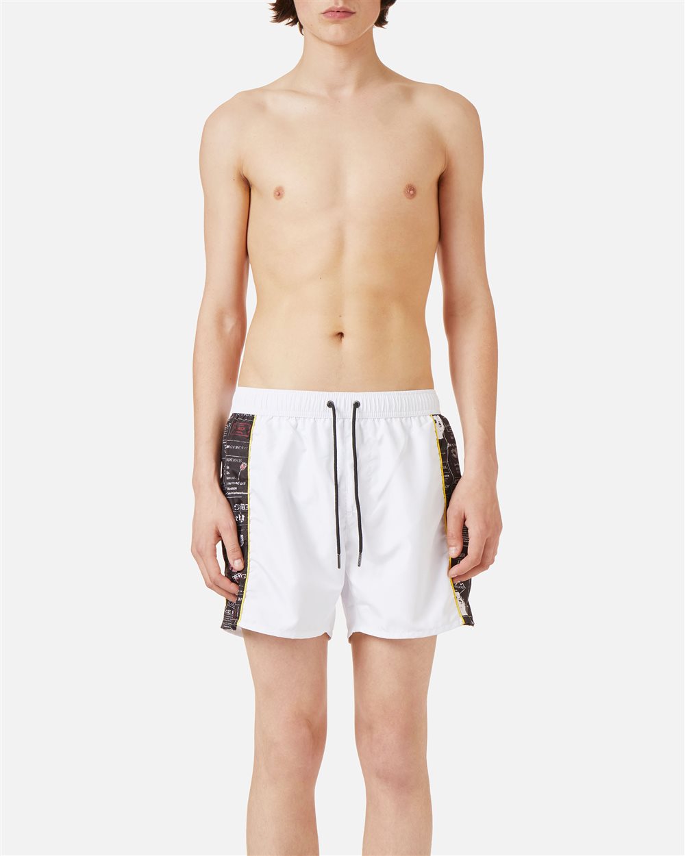 White swim trunks with contrasting side bands and vertical Iceberg logo - Iceberg - Official Website