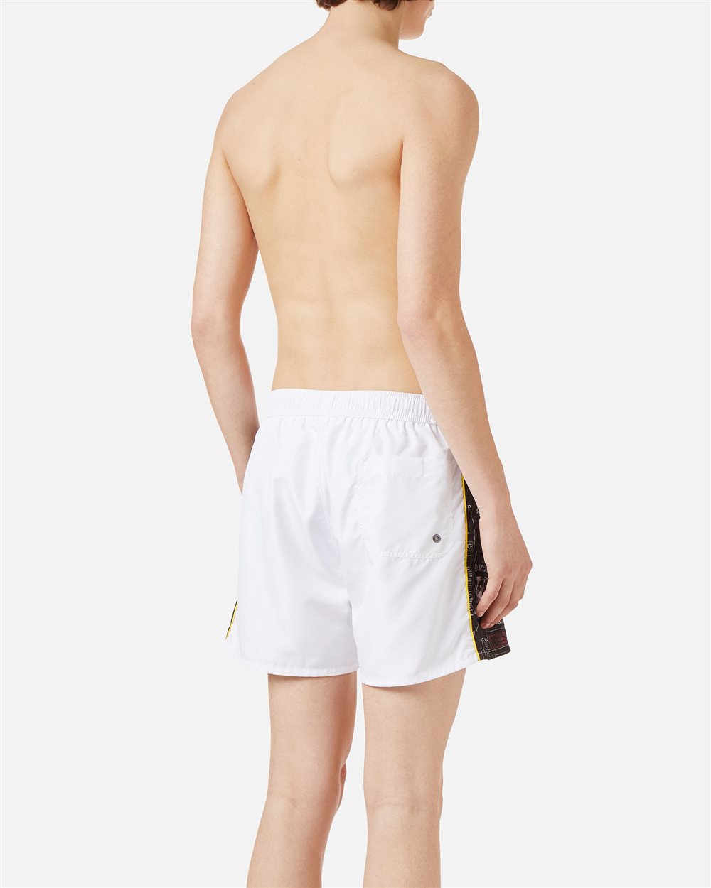 White swim trunks with contrasting side bands and vertical Iceberg logo - Iceberg - Official Website