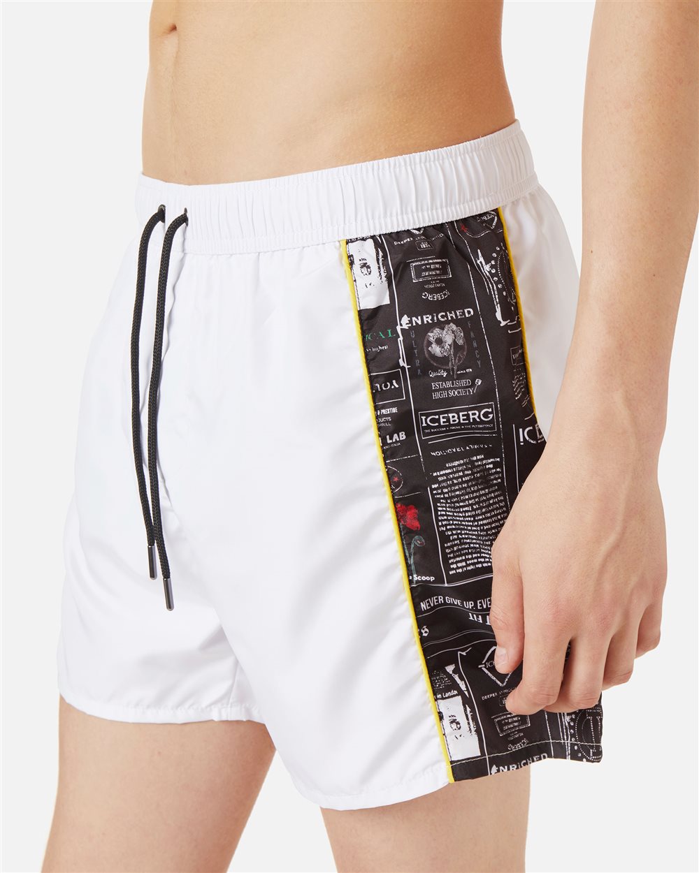 White swim trunks with contrasting side bands and vertical Iceberg logo - Iceberg - Official Website