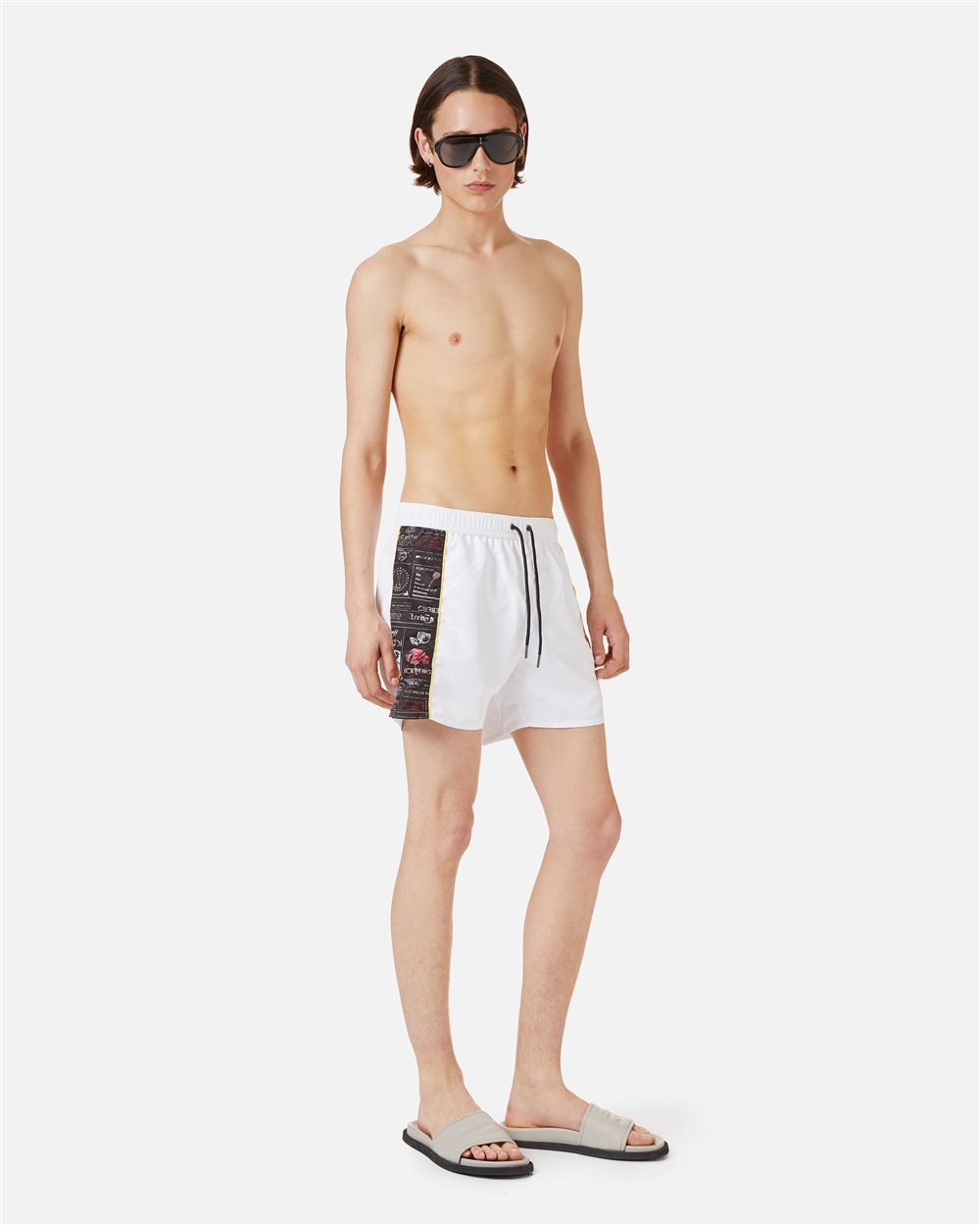 White swim trunks with contrasting side bands and vertical Iceberg logo - Iceberg - Official Website