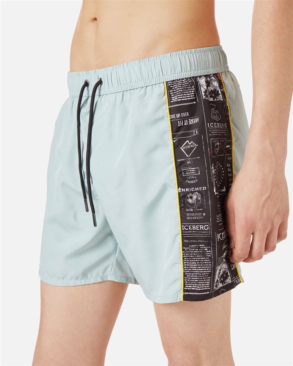 Mint-colored swim trunks with contrasting side bands and vertical Iceberg logo - Iceberg - Official Website