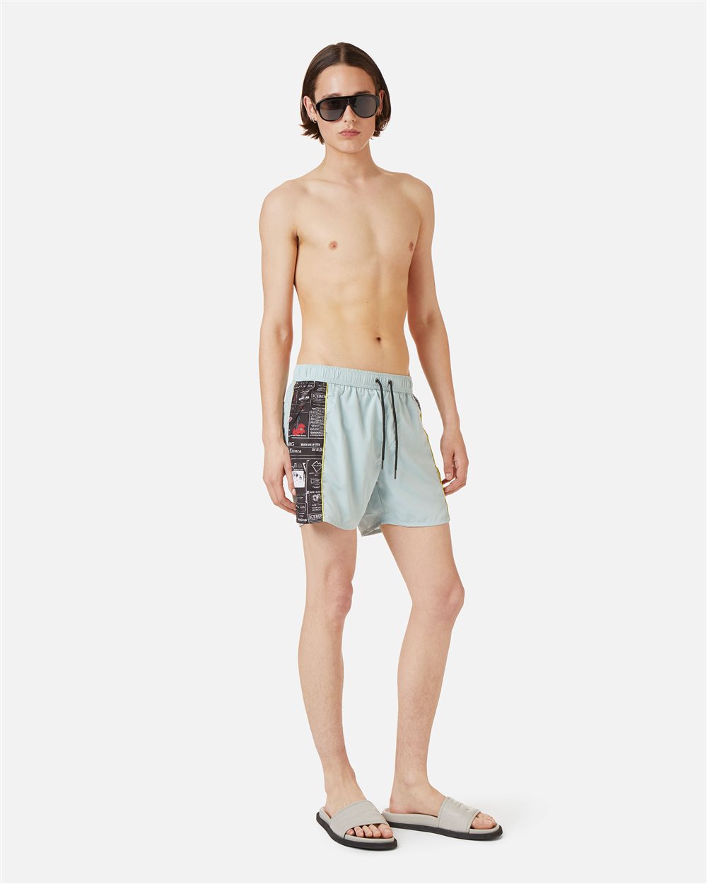 Mint-colored swim trunks with contrasting side bands and vertical Iceberg logo - Iceberg - Official Website