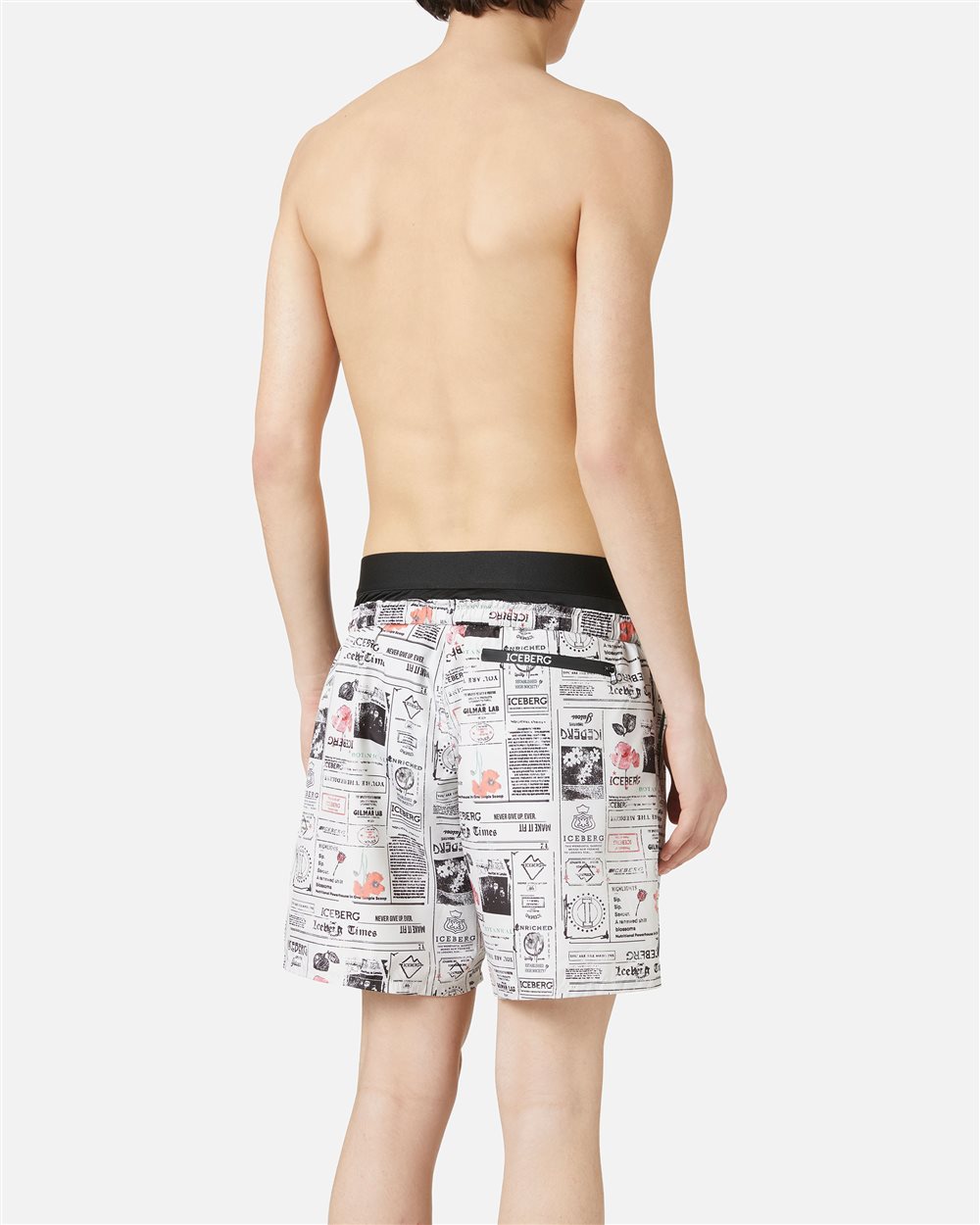 Optical white newspaper print swim trunks with waistband, drawstring and contrasting logo - Iceberg - Official Website