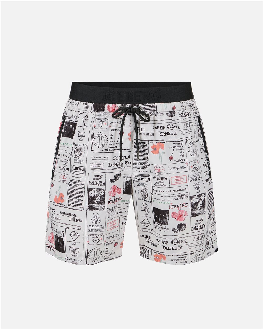Optical white newspaper print swim trunks with waistband, drawstring and contrasting logo - Iceberg - Official Website
