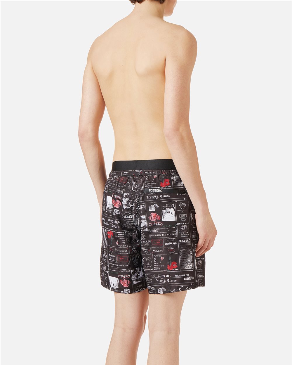 Boxer mare nero a fantasia newspaper con fascia in vita, coulisse e logo a contrasto - Iceberg - Official Website
