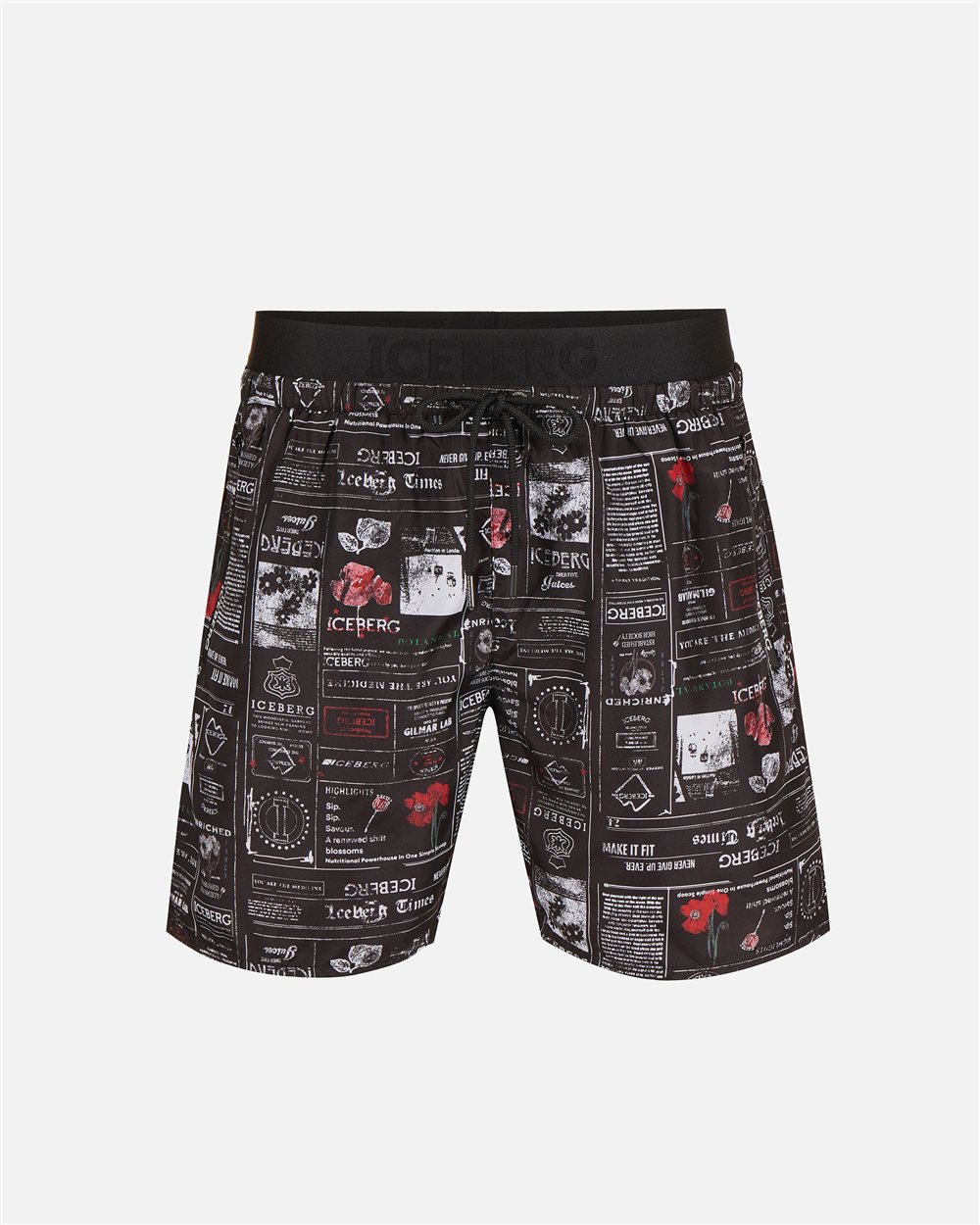 Boxer mare nero a fantasia newspaper con fascia in vita, coulisse e logo a contrasto - Iceberg - Official Website