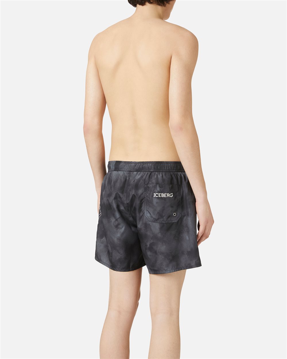 Black drawstring swim trunks with print on the left leg and Iceberg logo - Iceberg - Official Website