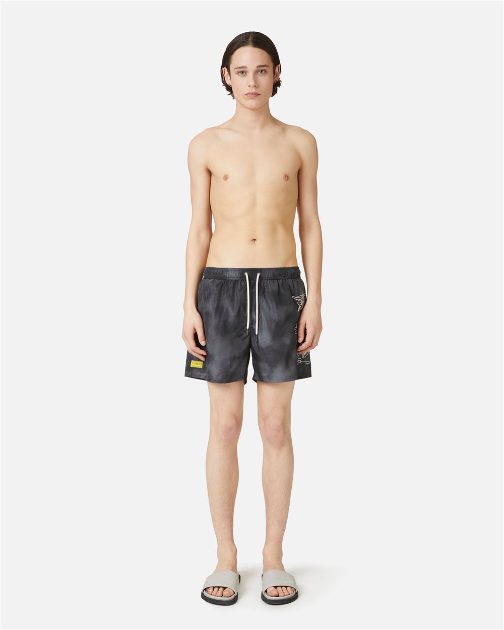 Black drawstring swim trunks with print on the left leg and Iceberg logo - Iceberg - Official Website