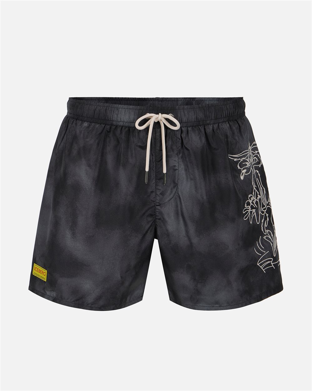 Black drawstring swim trunks with print on the left leg and Iceberg logo - Iceberg - Official Website