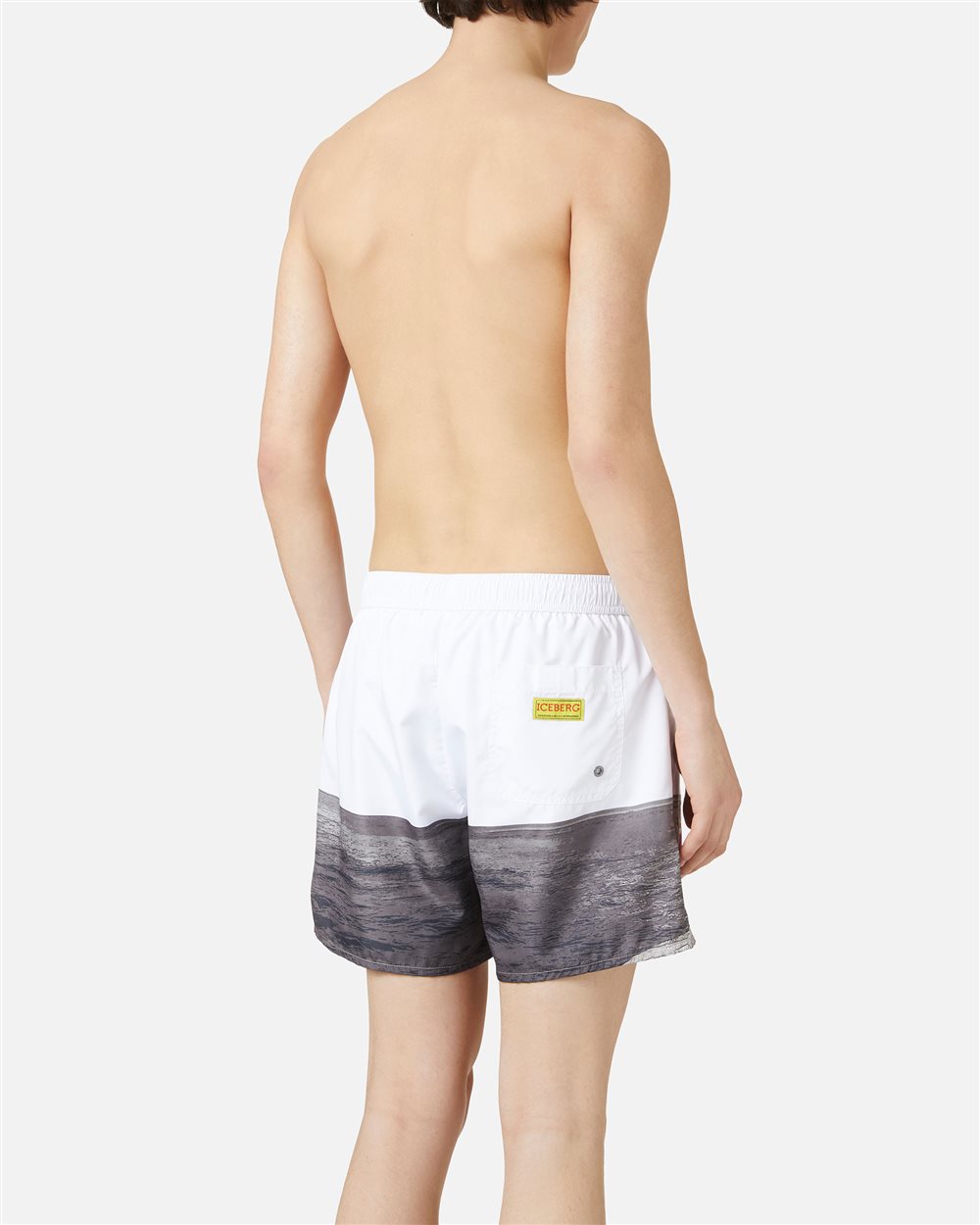 Patterned Swim Shorts with White Background and Yellow Drawstring - Iceberg - Official Website