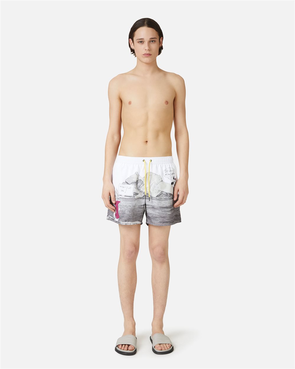 Patterned Swim Shorts with White Background and Yellow Drawstring - Iceberg - Official Website