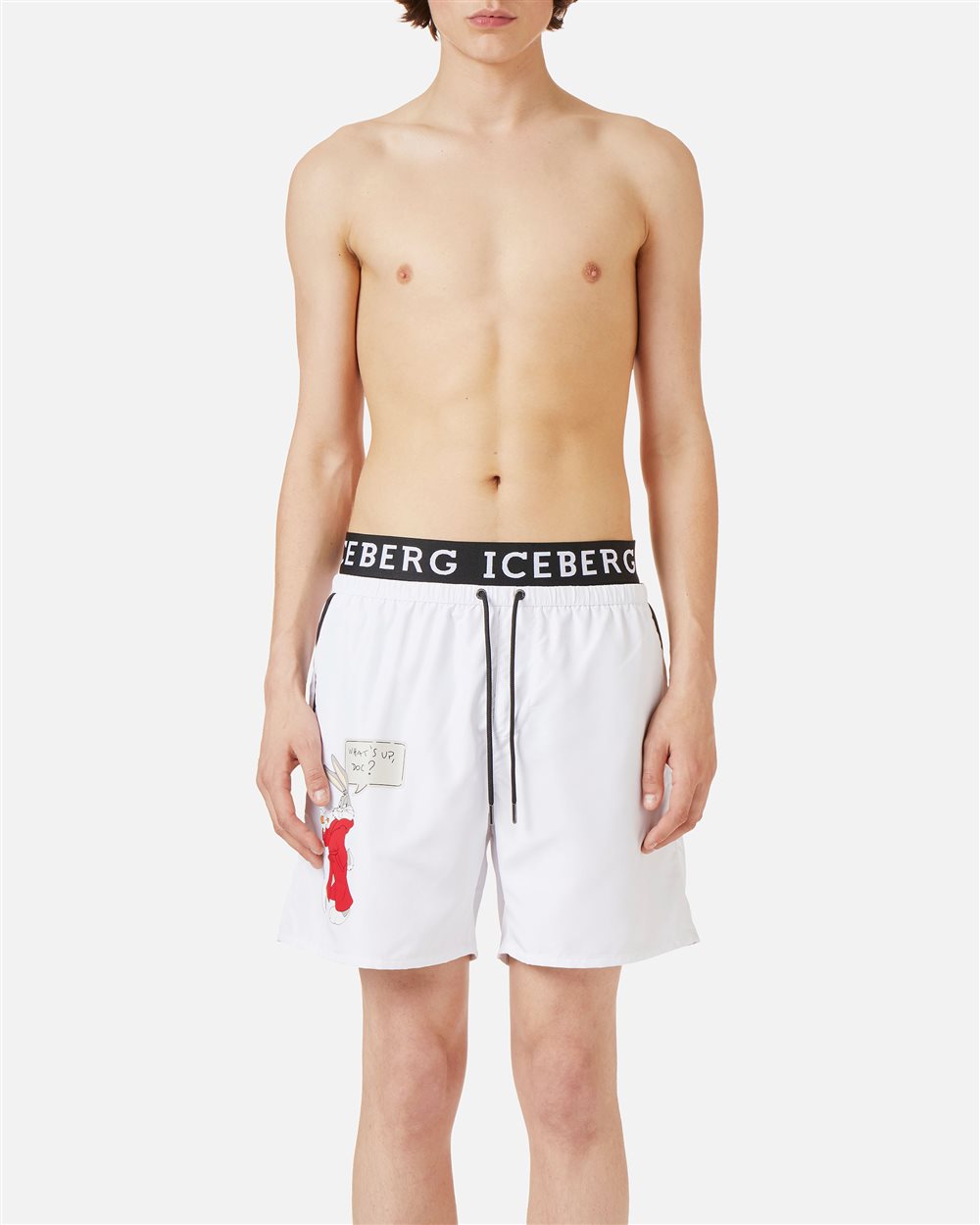 White swim trunks with contrasting elastic band, Iceberg logo and Looney Tunes print - Iceberg - Official Website