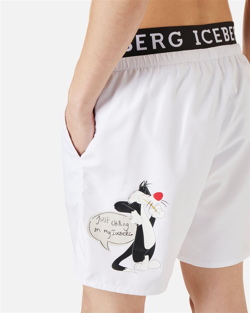 White swim trunks with contrasting elastic band, Iceberg logo and Looney Tunes print - Iceberg - Official Website