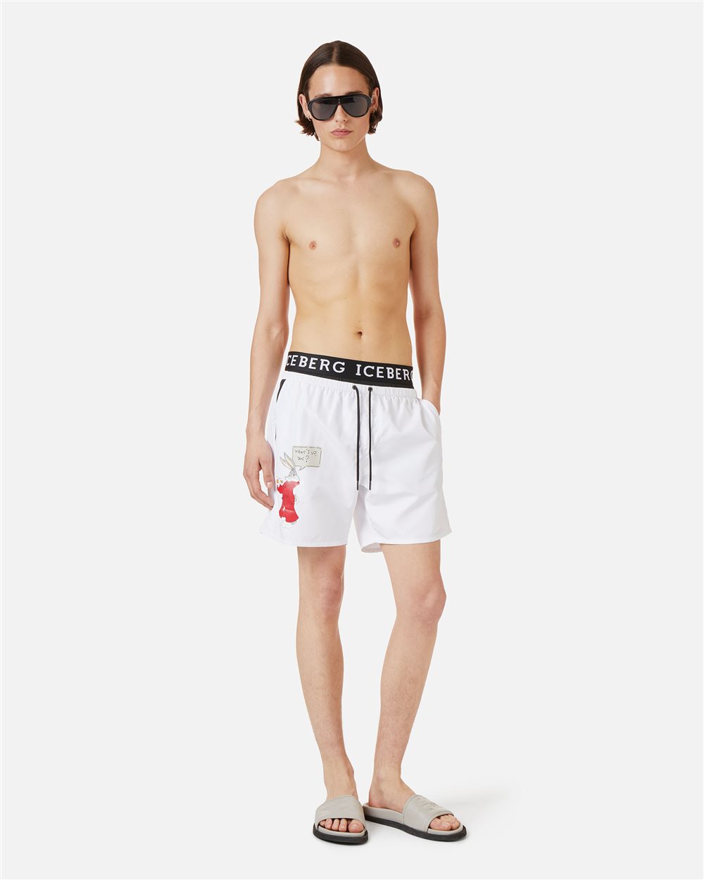 White swim trunks with contrasting elastic band, Iceberg logo and Looney Tunes print - Iceberg - Official Website