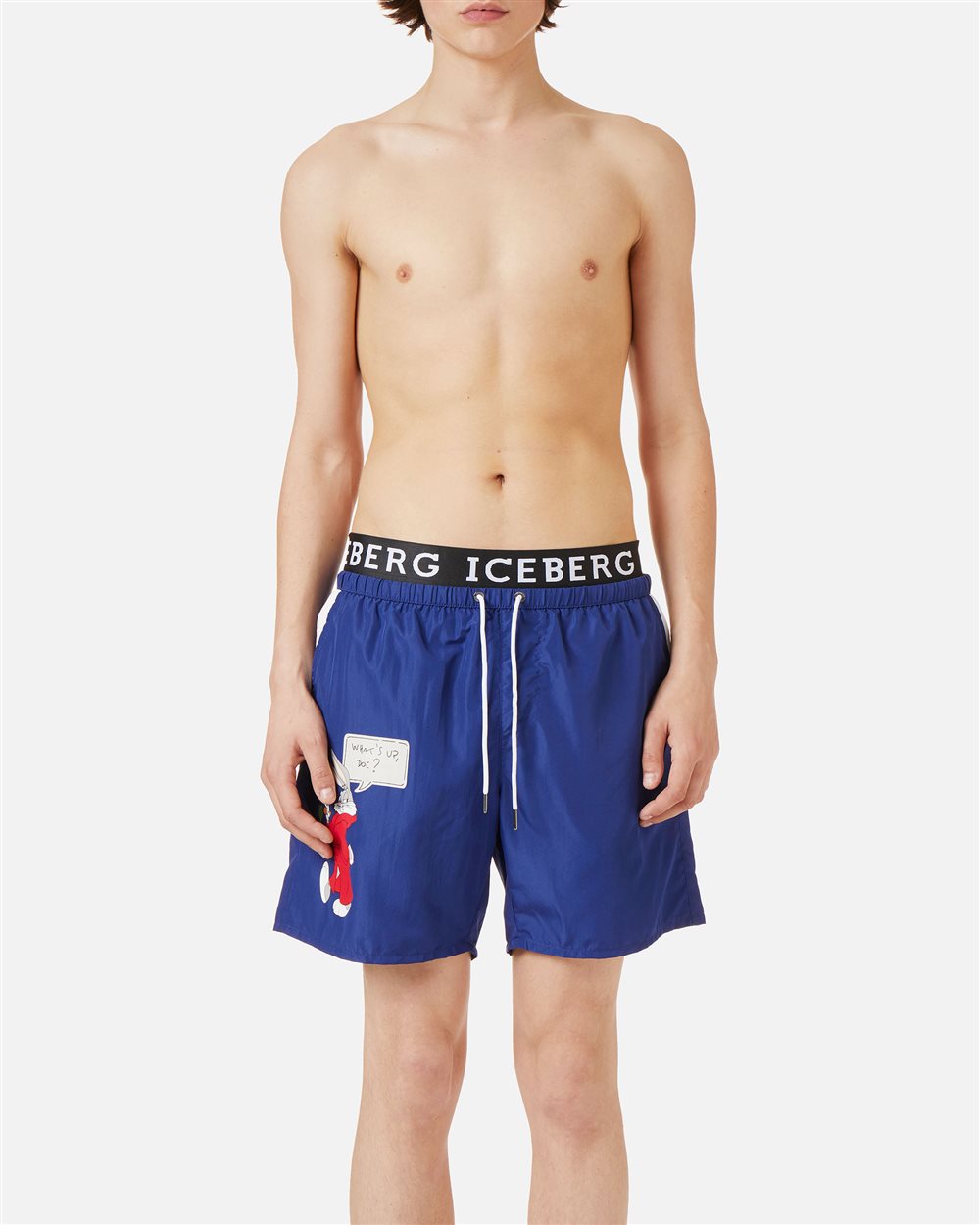 Navy blue swim trunks with contrasting elastic band, Iceberg logo and Looney Tunes print - Iceberg - Official Website