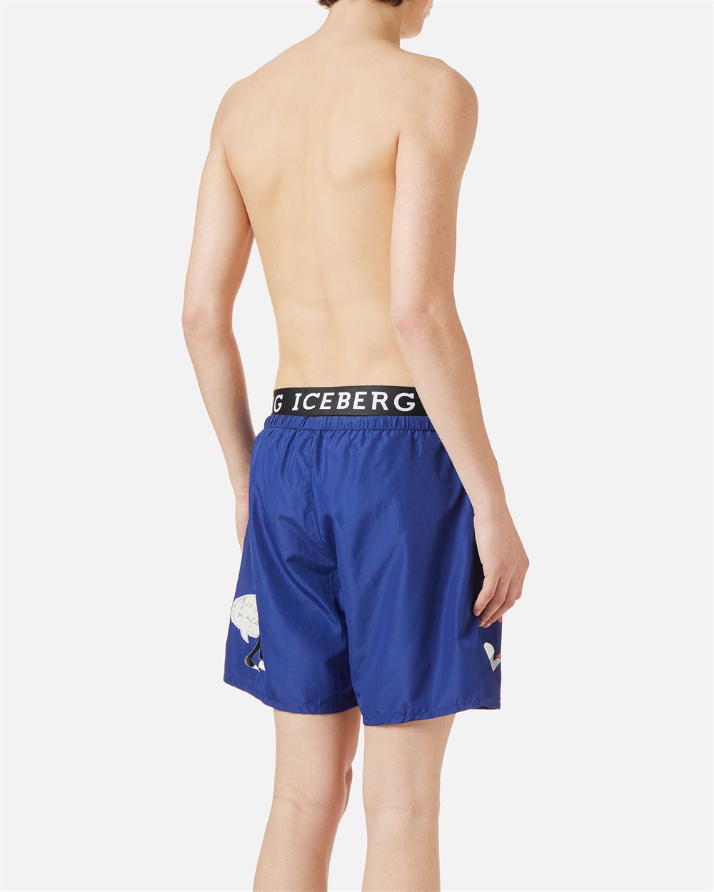 Navy blue swim trunks with contrasting elastic band, Iceberg logo and Looney Tunes print - Iceberg - Official Website