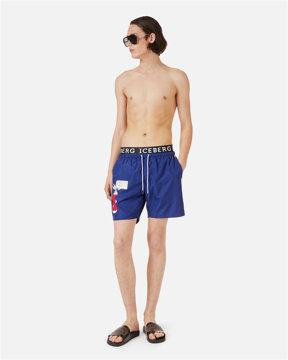 Navy blue swim trunks with contrasting elastic band, Iceberg logo and Looney Tunes print - Iceberg - Official Website