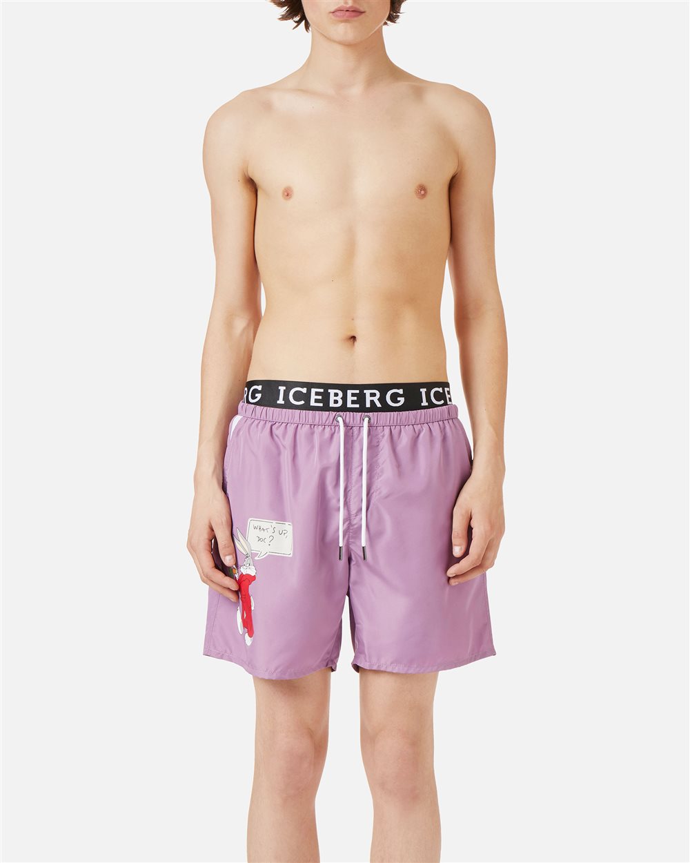 Raspberry-colored swim trunks with contrasting elastic band, Iceberg logo and Looney Tunes print - Iceberg - Official Website