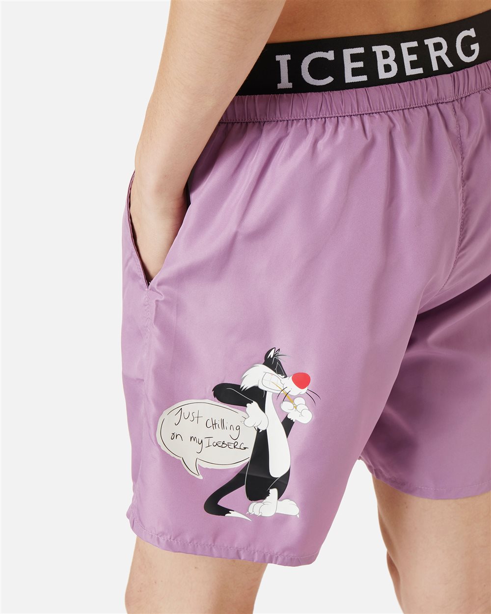 Raspberry-colored swim trunks with contrasting elastic band, Iceberg logo and Looney Tunes print - Iceberg - Official Website