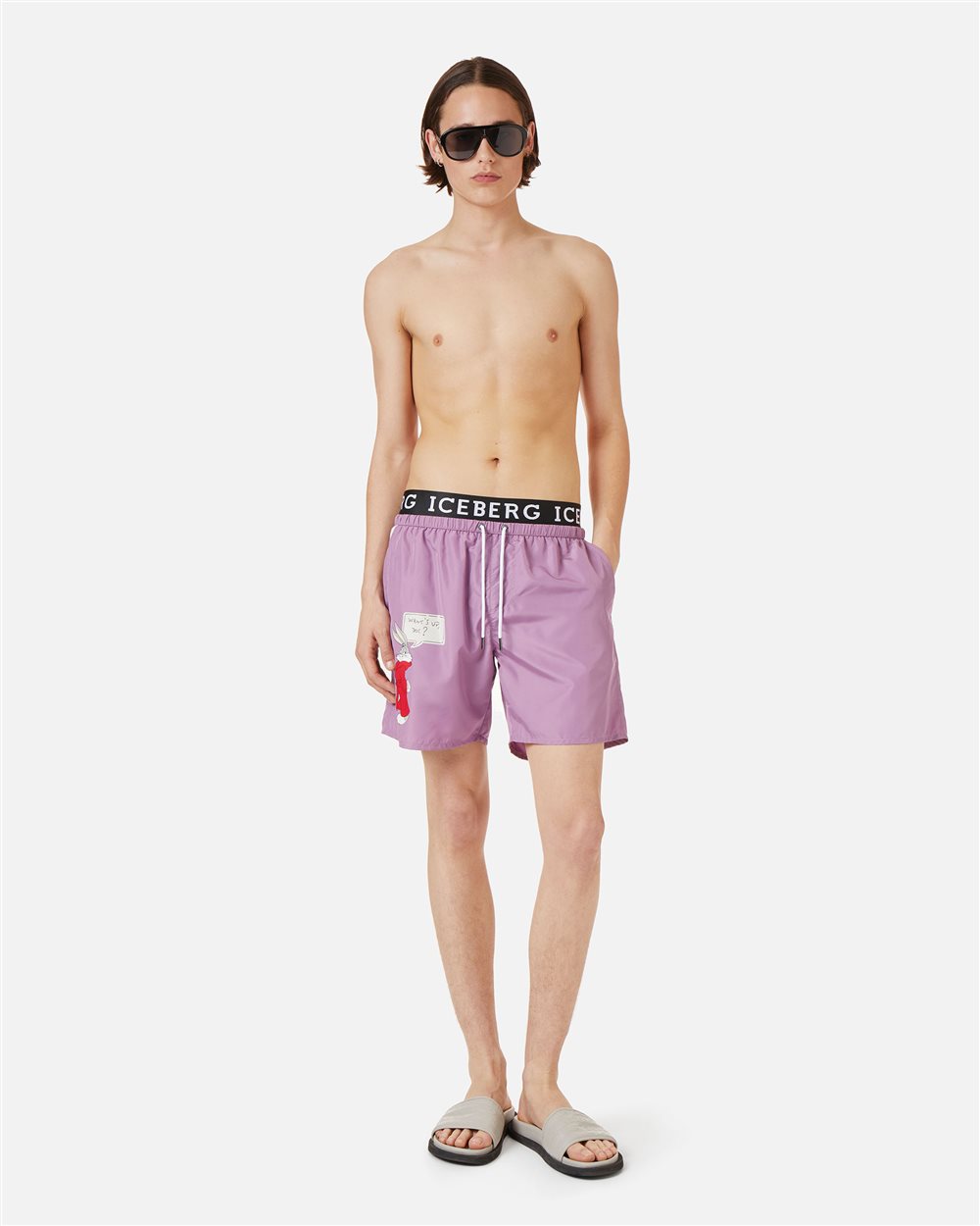 Raspberry-colored swim trunks with contrasting elastic band, Iceberg logo and Looney Tunes print - Iceberg - Official Website