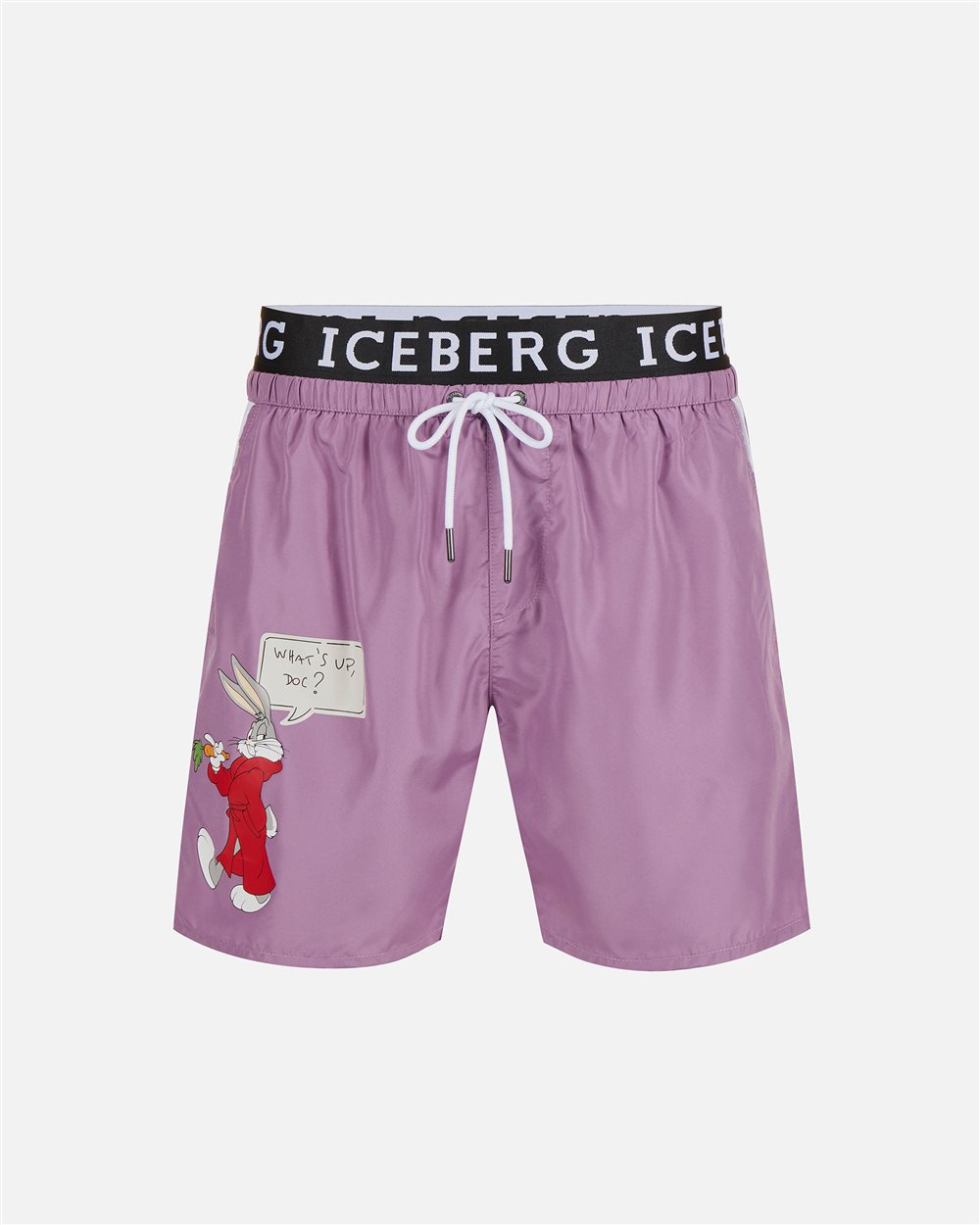 Raspberry-colored swim trunks with contrasting elastic band, Iceberg logo and Looney Tunes print - Iceberg - Official Website