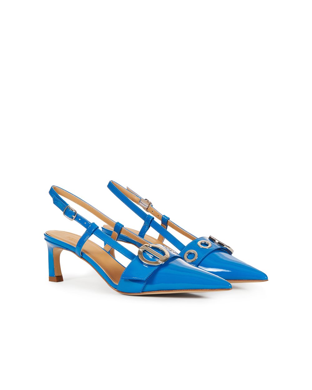 Pointed-toe turquoise patent leather slingback shoe with Iceberg metal monogram - Iceberg - Official Website