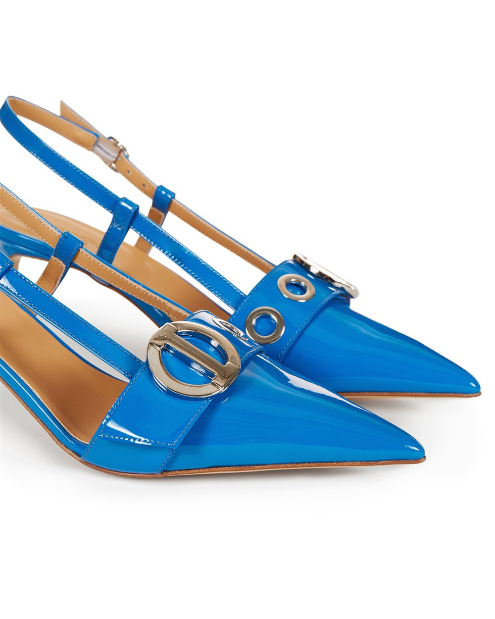 Pointed-toe turquoise patent leather slingback shoe with Iceberg metal monogram - Iceberg - Official Website