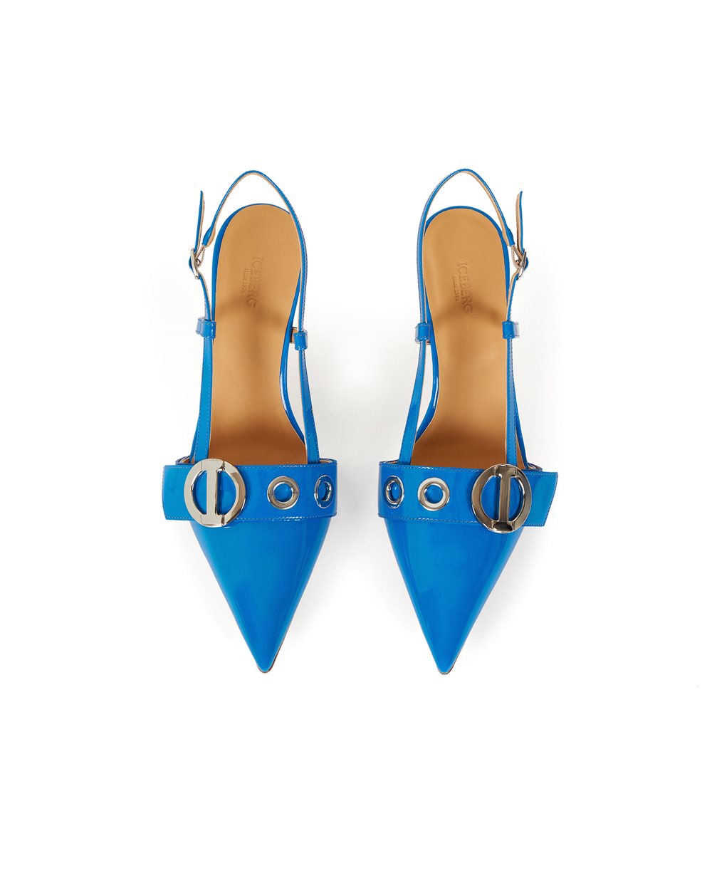 Pointed-toe turquoise patent leather slingback shoe with Iceberg metal monogram - Iceberg - Official Website