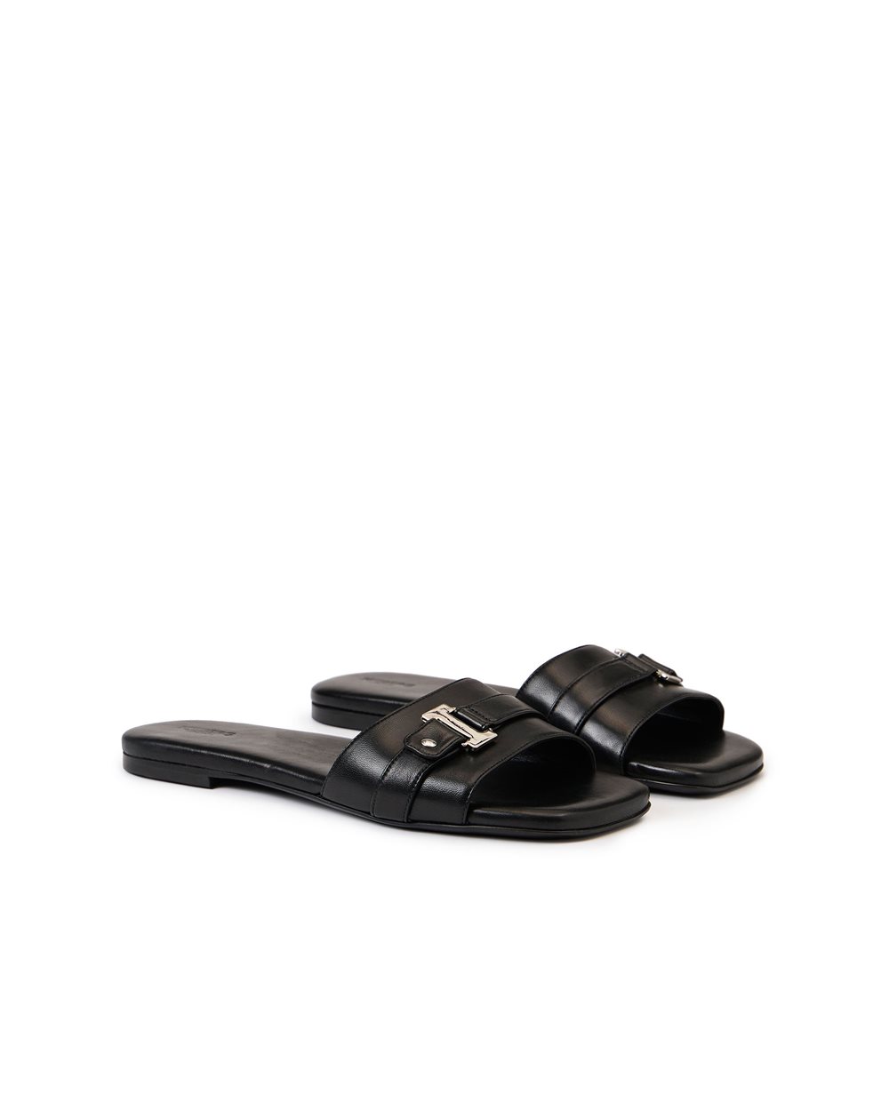 Black leather flat sandals with front strap and monogram details - Iceberg - Official Website