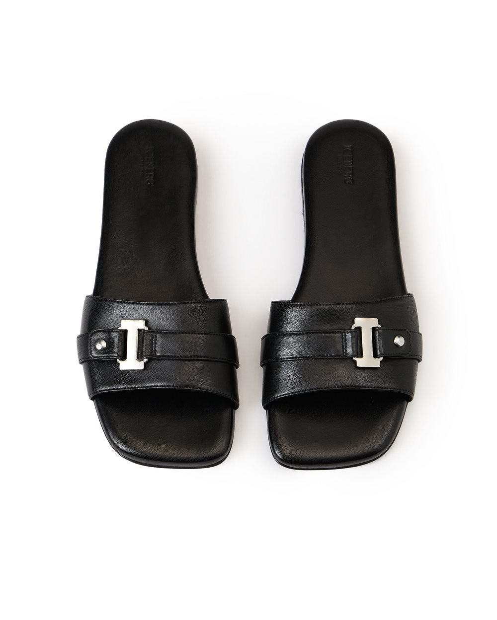 Black leather flat sandals with front strap and monogram details - Iceberg - Official Website