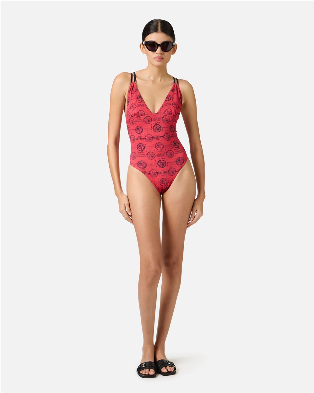 Costume intero rosso con stampe allover e doppia spallina incrociata sul retro - Iceberg - Official Website