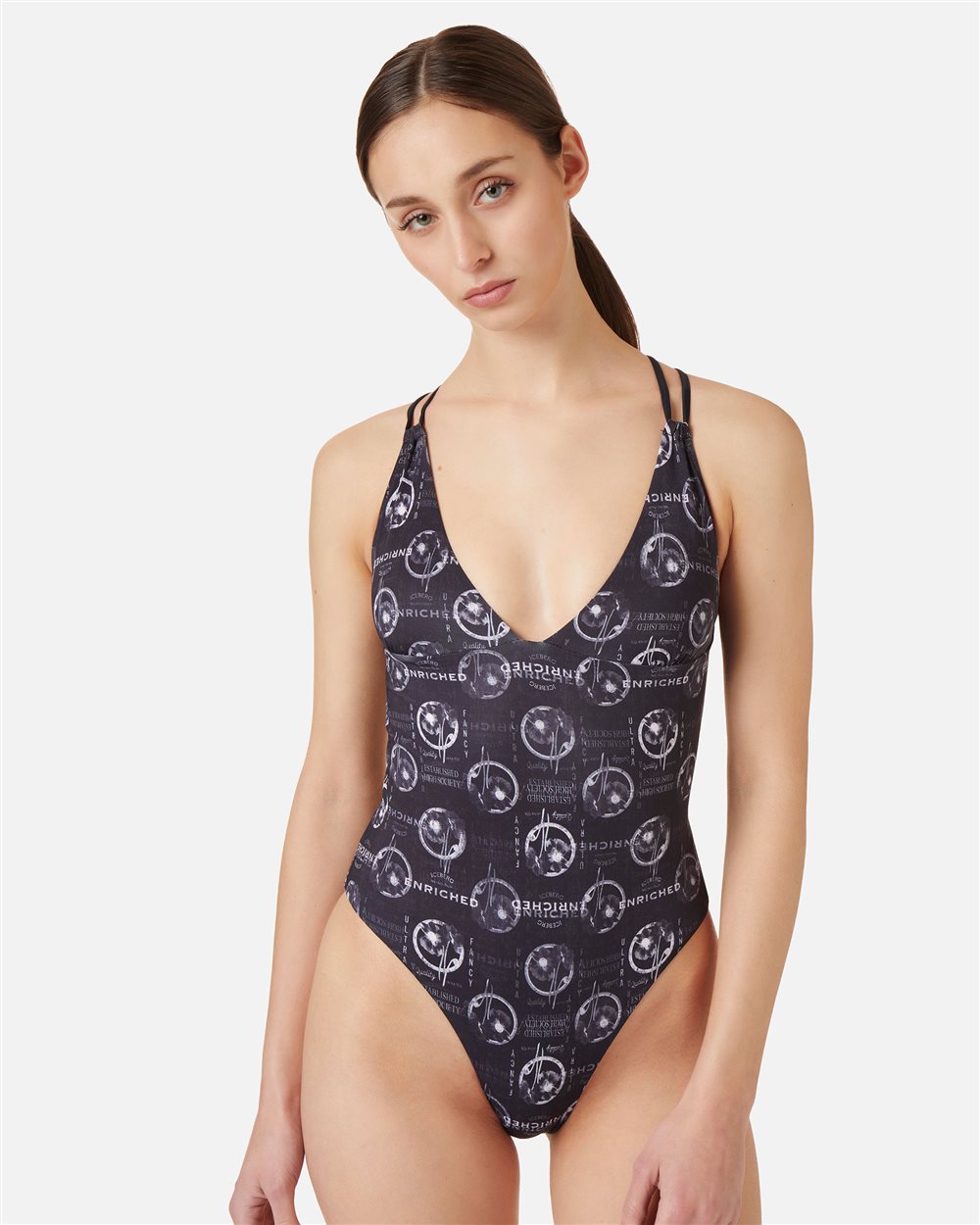 Black one-piece with allover prints and double crossed back straps - Iceberg - Official Website