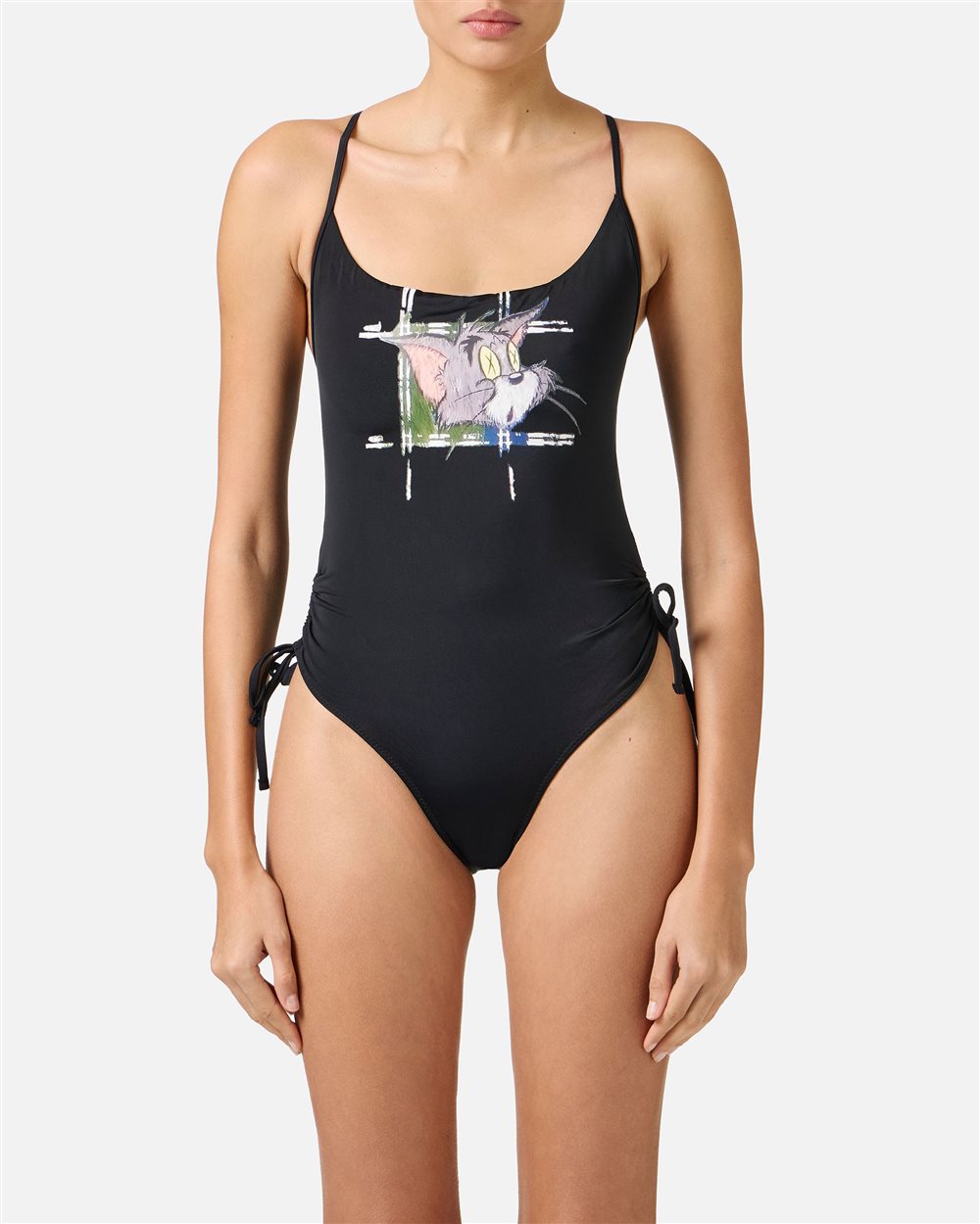 Black one-piece with Tom print on the chest and side ties - Iceberg - Official Website