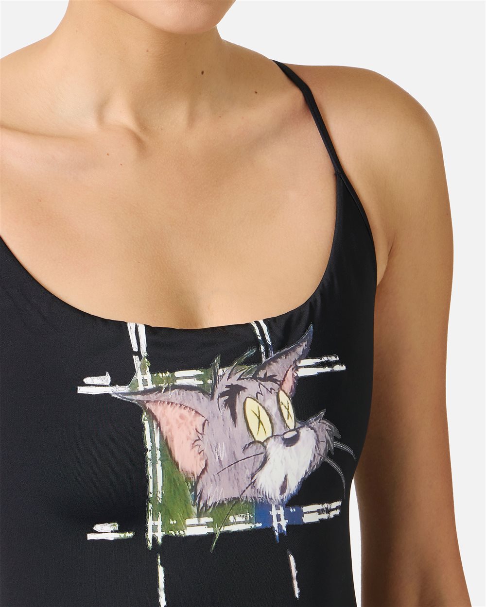 Black one-piece with Tom print on the chest and side ties - Iceberg - Official Website