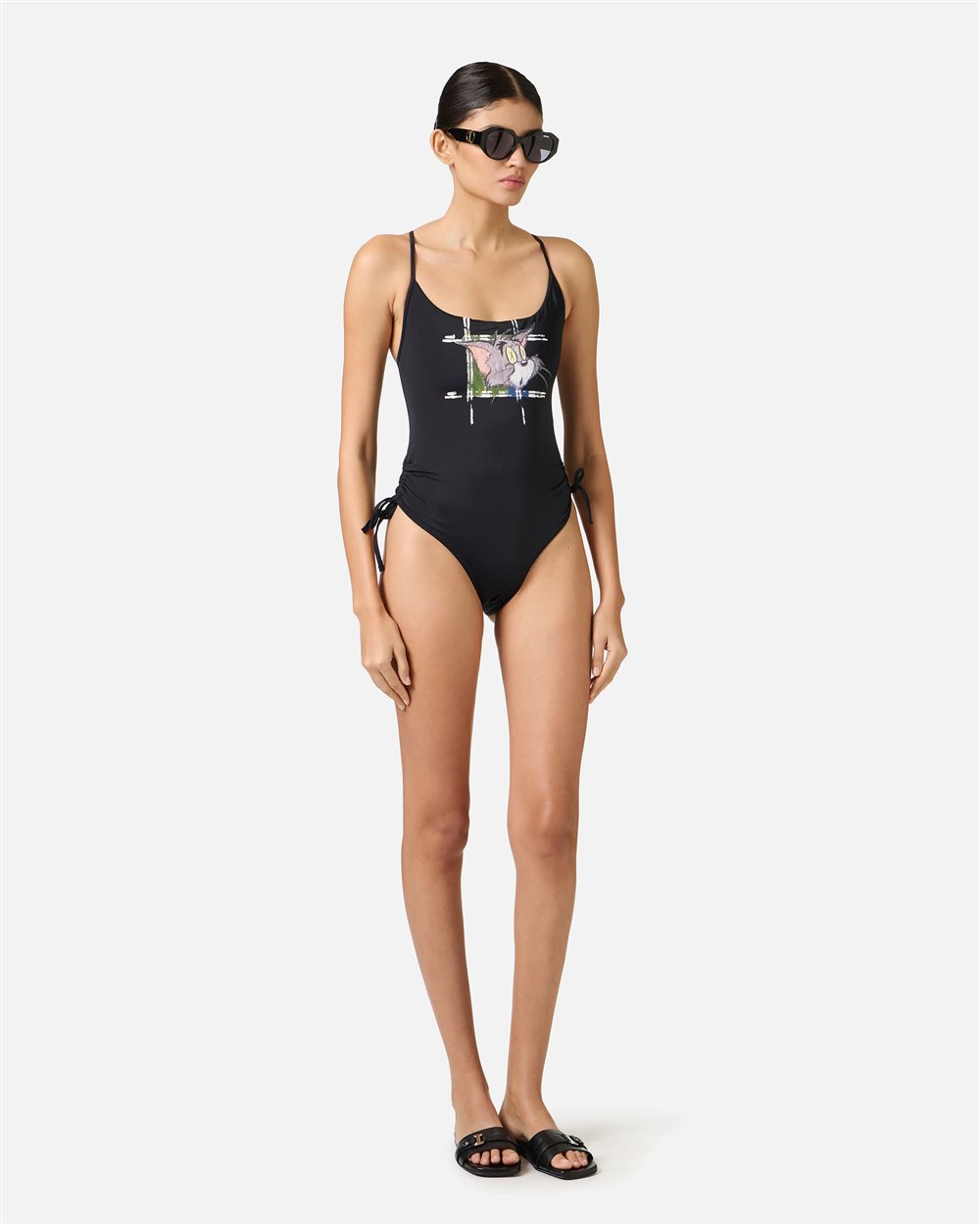 Black one-piece with Tom print on the chest and side ties - Iceberg - Official Website