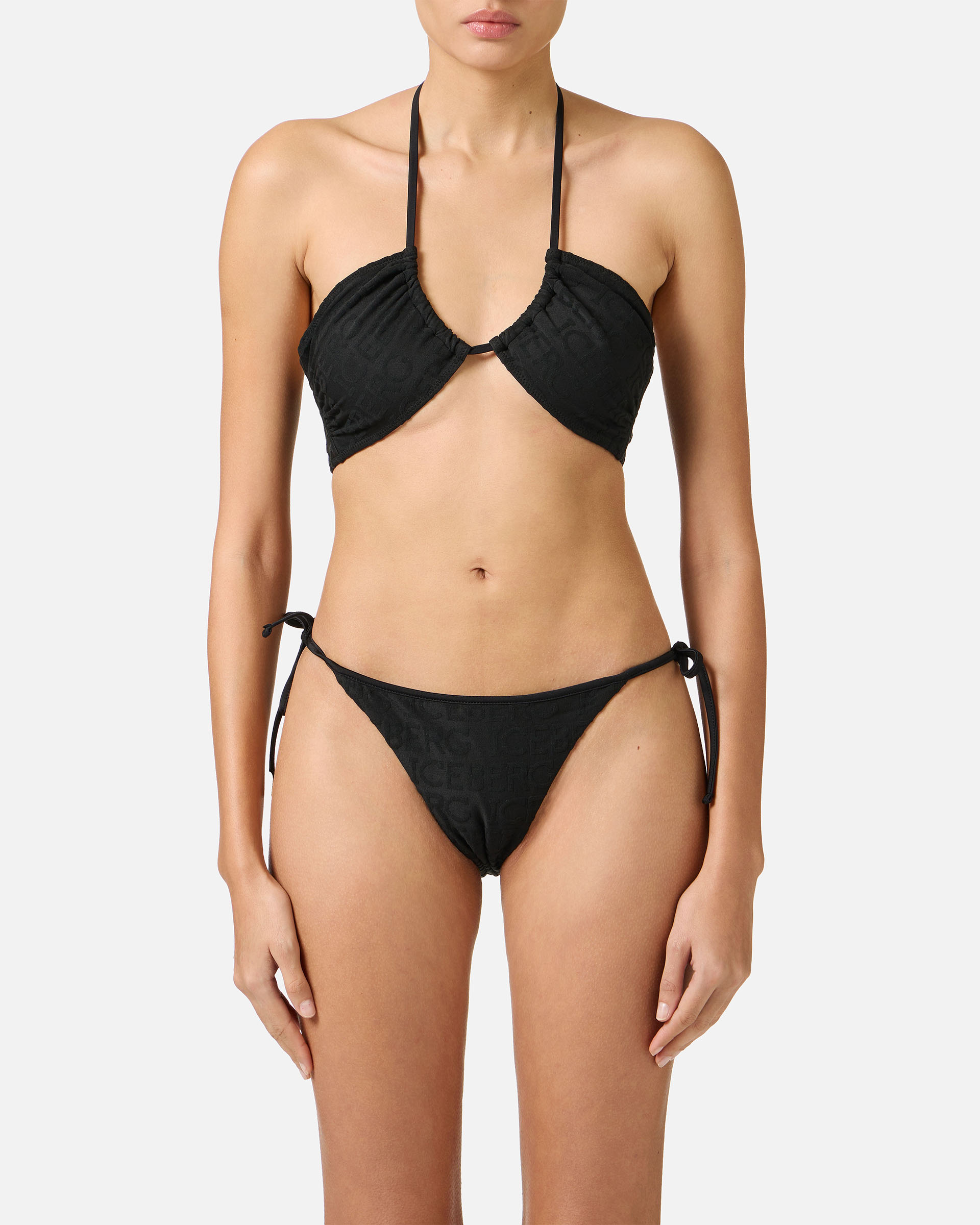 Schwarzes Bandeau-Bikini-Top mit verstellbarem Ausschnitt und Allover Iceberg-Logo - Iceberg - Official Website