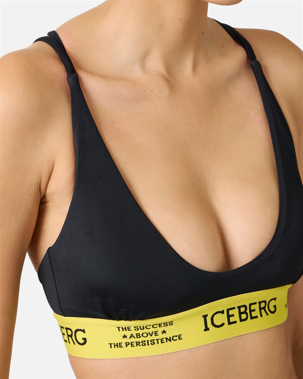 Black swimsuit top with yellow elastic band and contrasting Iceberg logo, double crossed straps on t - Iceberg - Official Website