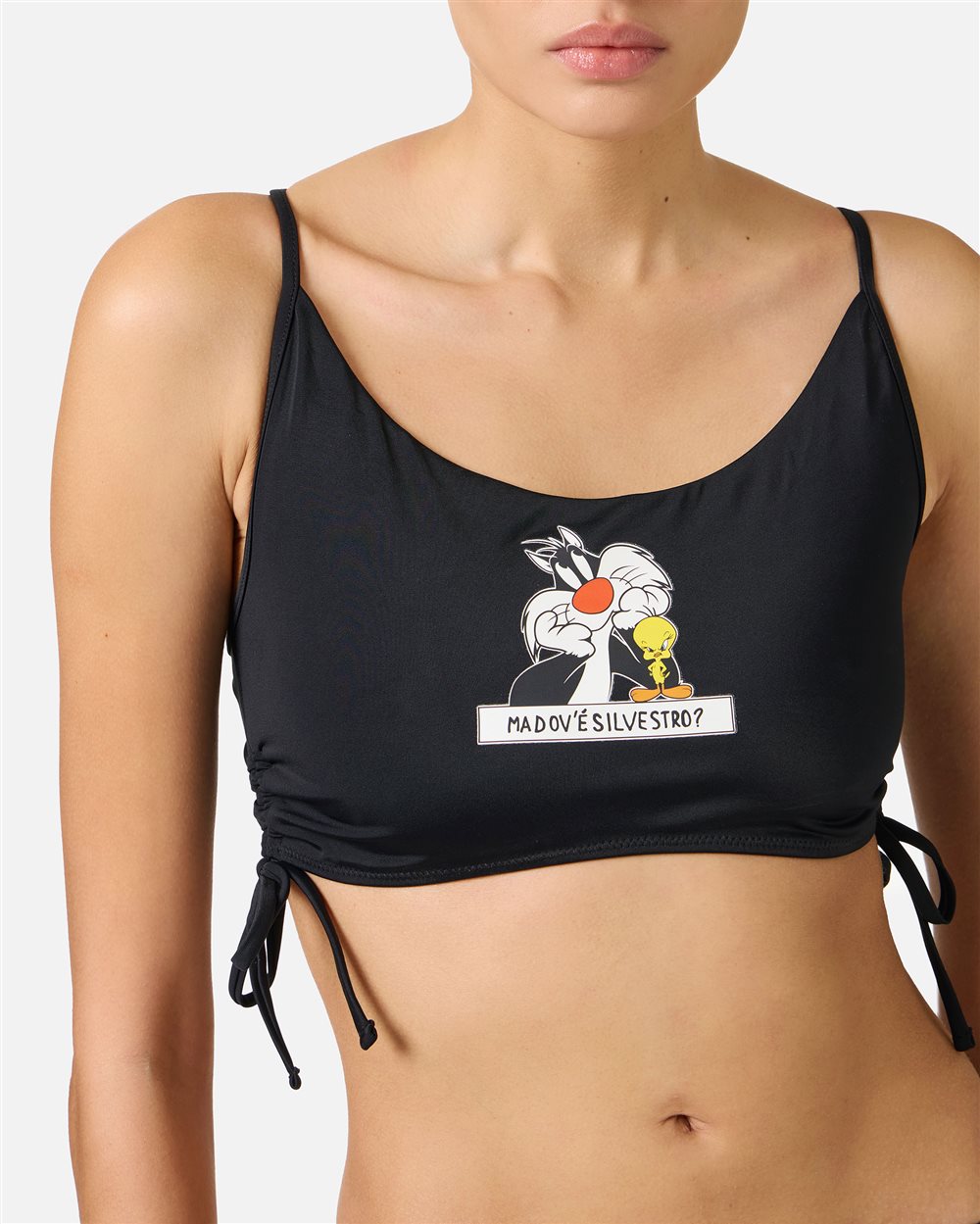 Top nero per costume da bagno a fascia con spalline e stampa Silvestro al centro - Iceberg - Official Website