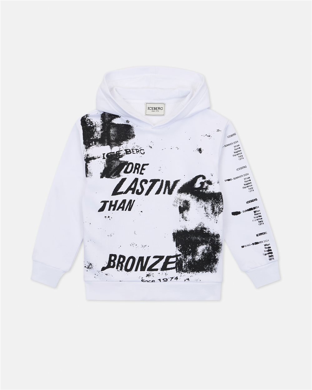 White sweatshirt with allover black prints and writing - Iceberg - Official Website