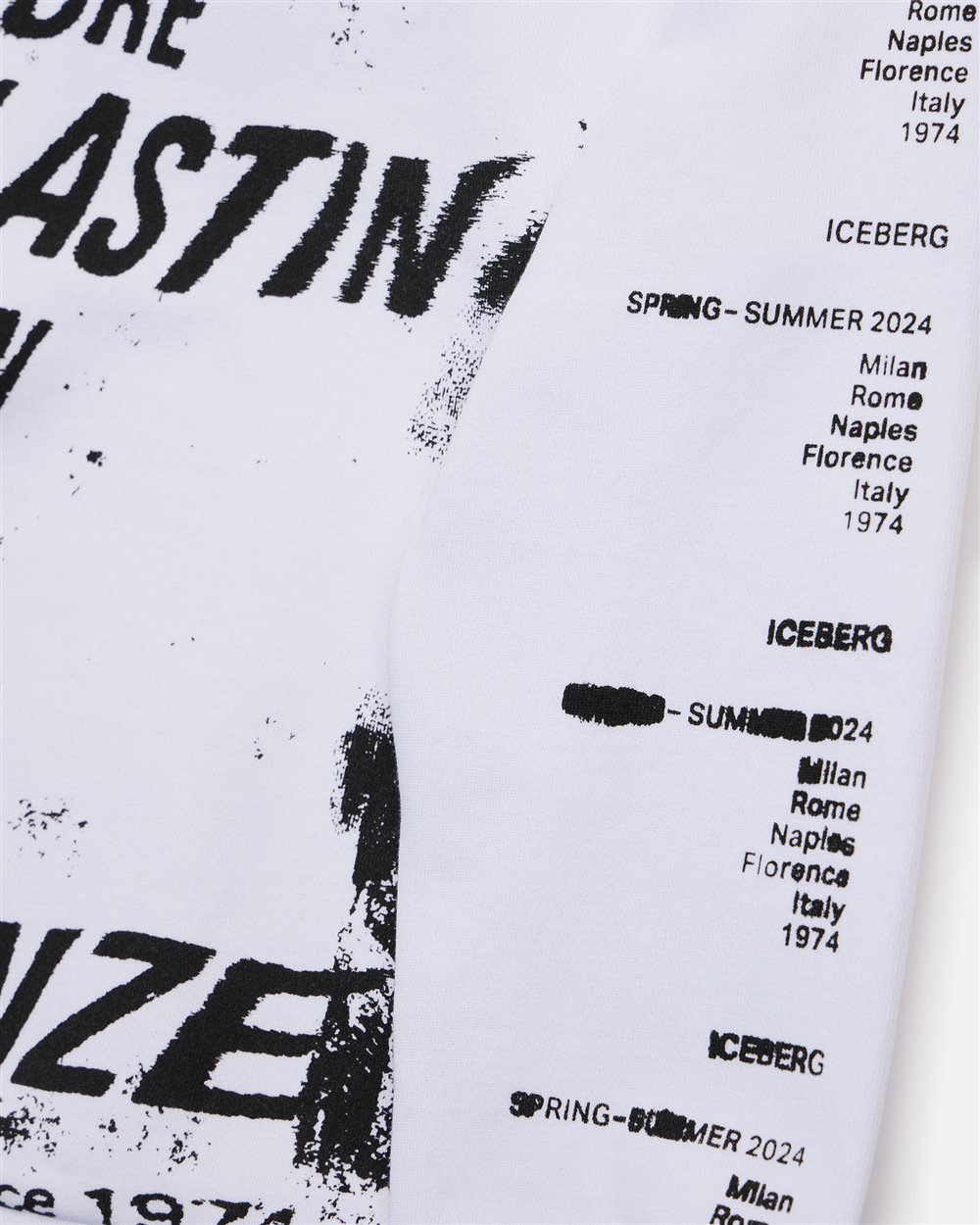 White sweatshirt with allover black prints and writing - Iceberg - Official Website