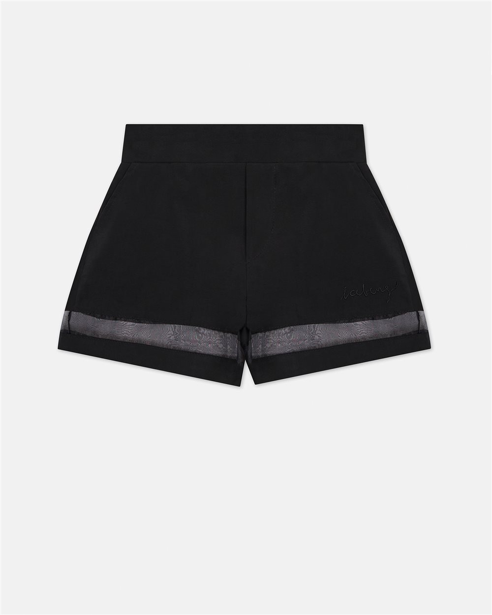 Black fabric shorts with elastic waist and grey stripe on the bottom - Iceberg - Official Website