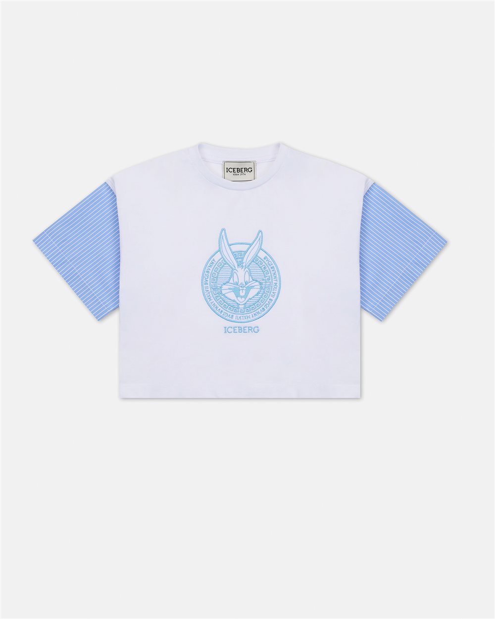 White cropped T-shirt with sleeves and contrasting light blue prints - Iceberg - Official Website