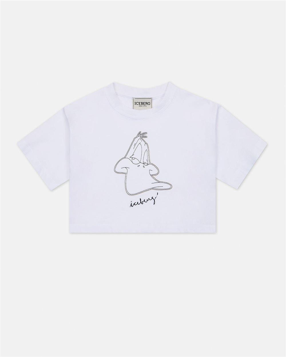 T-shirt bianca modello cropped con disegno e logo Iceberg a contrasto nero - Iceberg - Official Website